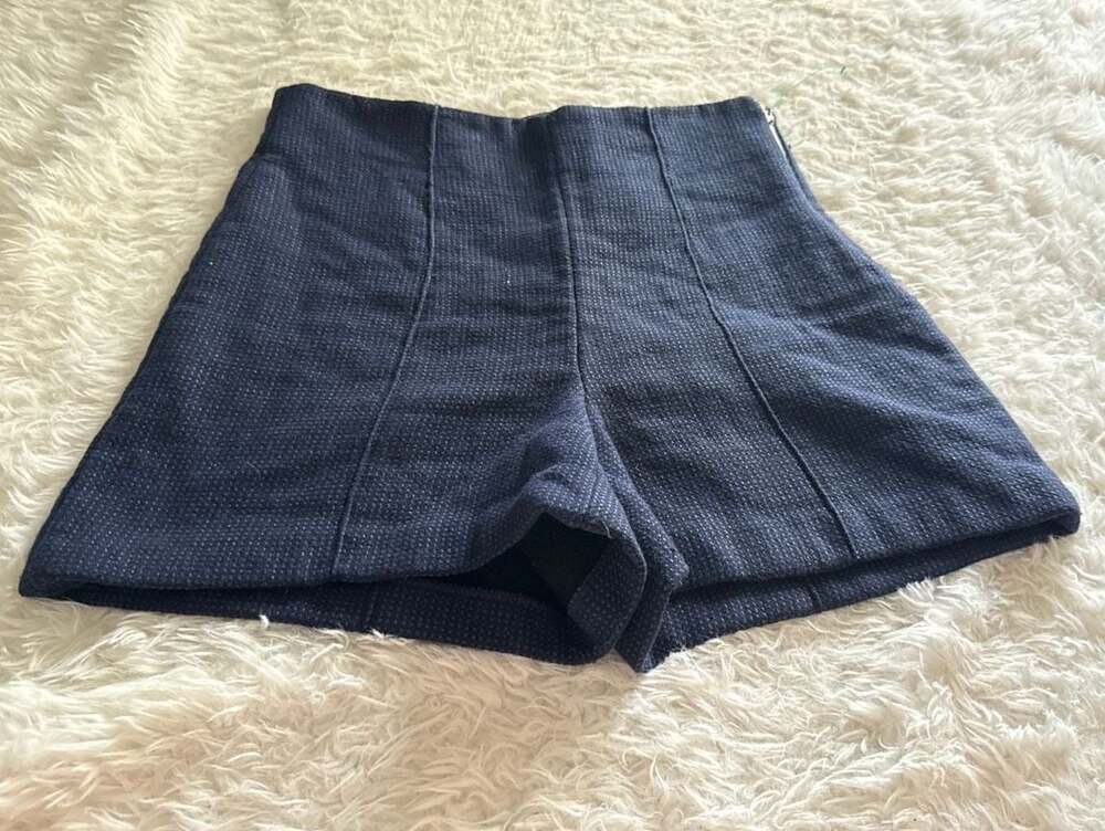 Zara Woman Navy Blue‎ Textured High-Waisted Tweed Shorts